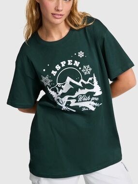 Victoria's Secret PINK Short Sleeve Campus Cotton Tee Deep Forest Green Aspen